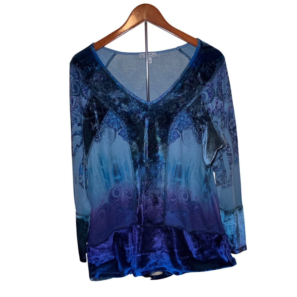 Energ'e Women's Large Blue Purple Ombre Velvet Trim Paisley Boho Long Sleeve